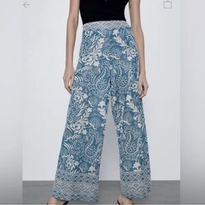 Zara Jacquard Trousers Pants palazzo Floral Blue Wide-Leg Pants